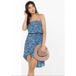 Express XS Blue Green Tropical Floral Strapless Straps Hi Lo Tube Dress elastic